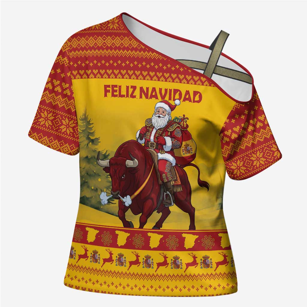 Personalized Spain Christmas Cross Shoulder Shirt Santa Riding Red Bull Feliz Navidad - Wonder Print Shop