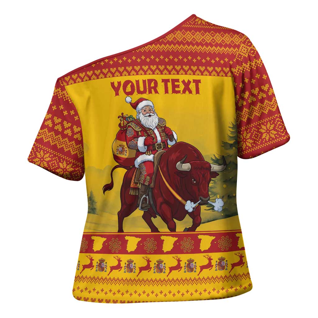 Personalized Spain Christmas Cross Shoulder Shirt Santa Riding Red Bull Feliz Navidad - Wonder Print Shop