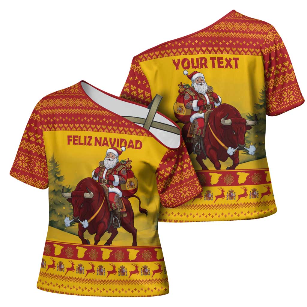 Personalized Spain Christmas Cross Shoulder Shirt Santa Riding Red Bull Feliz Navidad - Wonder Print Shop