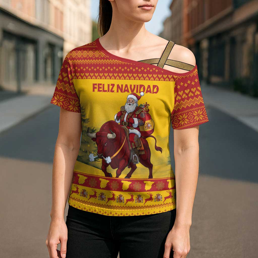 Personalized Spain Christmas Cross Shoulder Shirt Santa Riding Red Bull Feliz Navidad - Wonder Print Shop