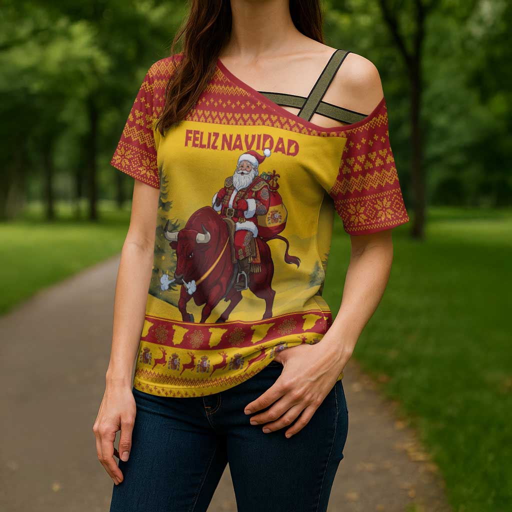 Personalized Spain Christmas Cross Shoulder Shirt Santa Riding Red Bull Feliz Navidad - Wonder Print Shop