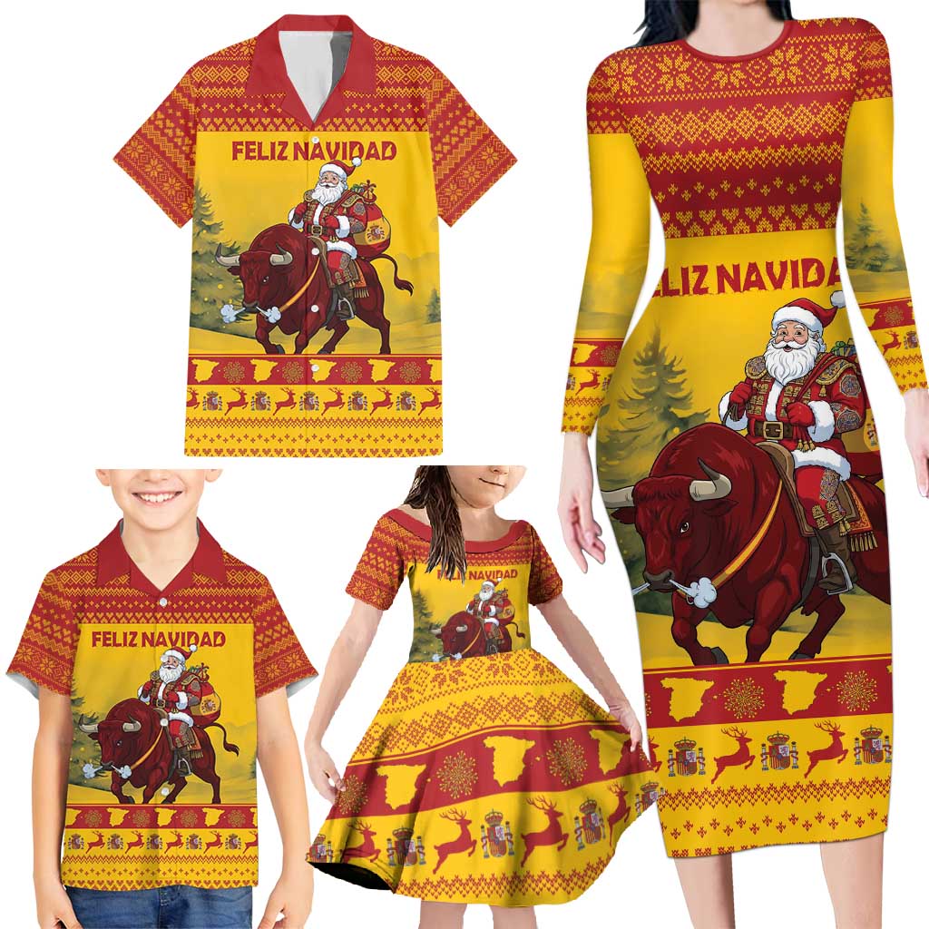 Personalized Spain Christmas Family Matching Long Sleeve Bodycon Dress and Hawaiian Shirt Santa Riding Red Bull Feliz Navidad - Wonder Print Shop