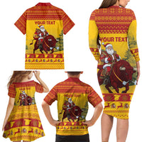 Personalized Spain Christmas Family Matching Long Sleeve Bodycon Dress and Hawaiian Shirt Santa Riding Red Bull Feliz Navidad - Wonder Print Shop