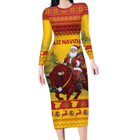 Personalized Spain Christmas Family Matching Long Sleeve Bodycon Dress and Hawaiian Shirt Santa Riding Red Bull Feliz Navidad - Wonder Print Shop