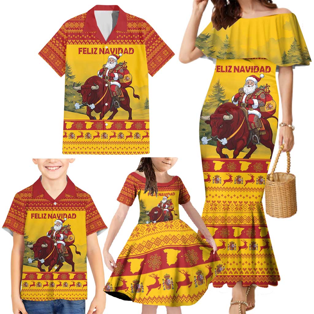 Personalized Spain Christmas Family Matching Mermaid Dress and Hawaiian Shirt Santa Riding Red Bull Feliz Navidad - Wonder Print Shop