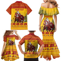 Personalized Spain Christmas Family Matching Mermaid Dress and Hawaiian Shirt Santa Riding Red Bull Feliz Navidad - Wonder Print Shop