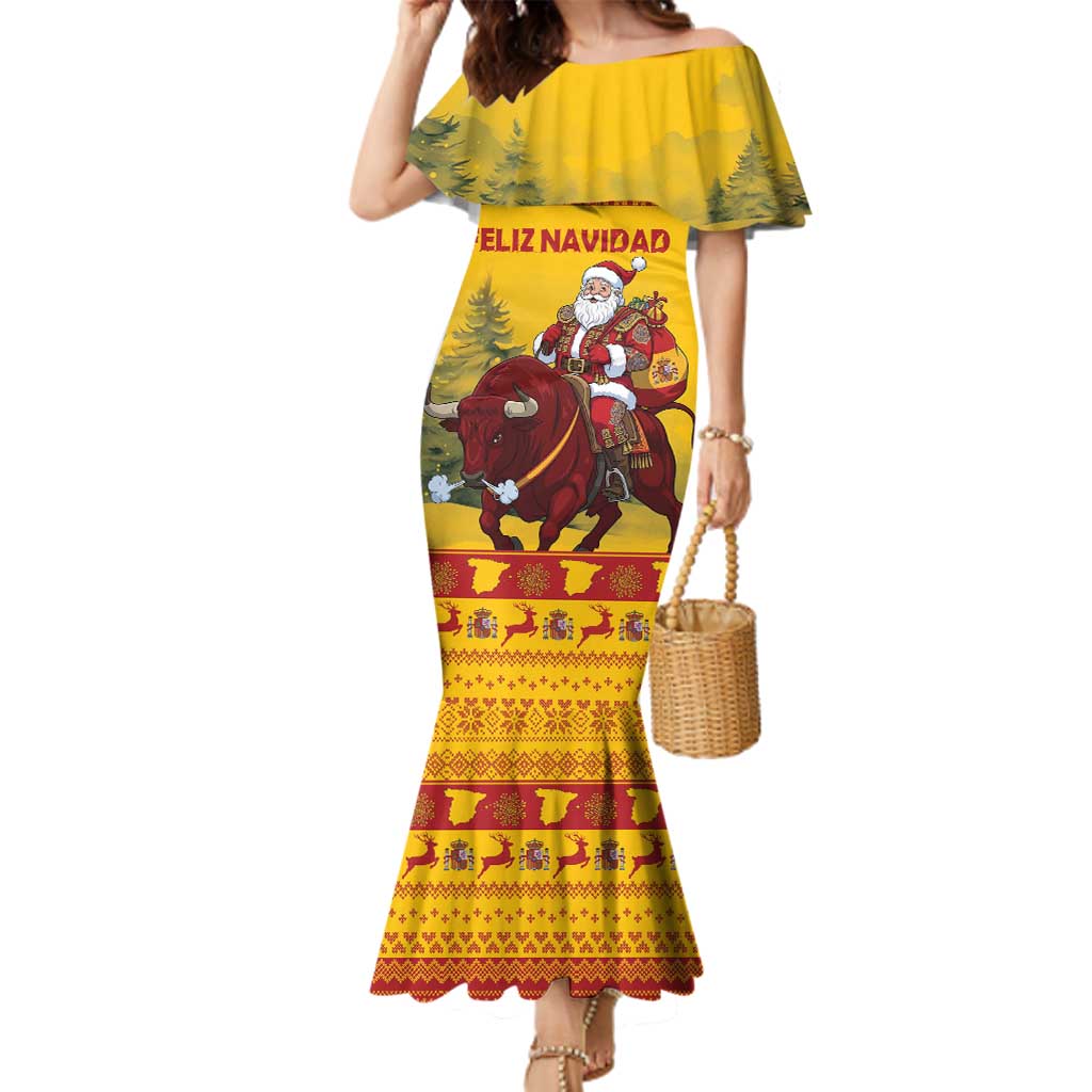 Personalized Spain Christmas Family Matching Mermaid Dress and Hawaiian Shirt Santa Riding Red Bull Feliz Navidad - Wonder Print Shop