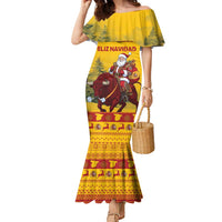 Personalized Spain Christmas Family Matching Mermaid Dress and Hawaiian Shirt Santa Riding Red Bull Feliz Navidad - Wonder Print Shop