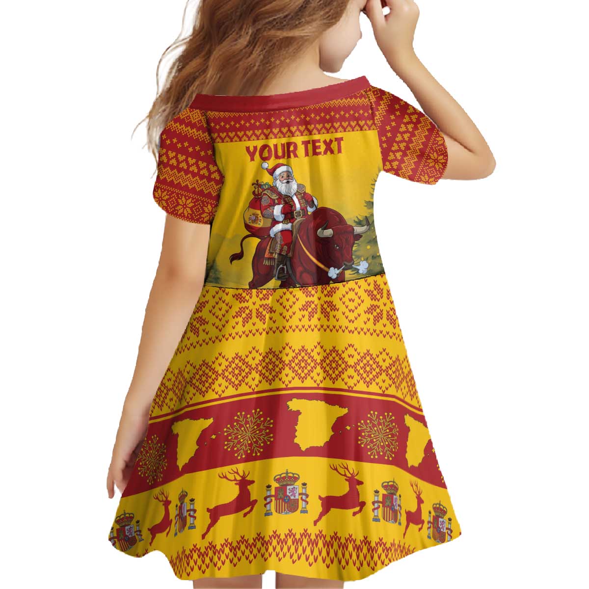 Personalized Spain Christmas Family Matching Off The Shoulder Long Sleeve Dress and Hawaiian Shirt Santa Riding Red Bull Feliz Navidad - Wonder Print Shop