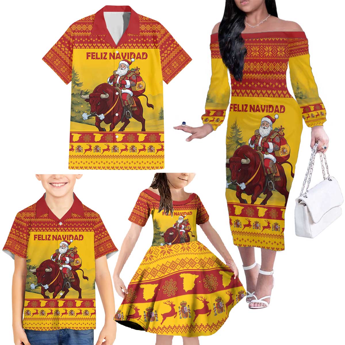 Personalized Spain Christmas Family Matching Off The Shoulder Long Sleeve Dress and Hawaiian Shirt Santa Riding Red Bull Feliz Navidad - Wonder Print Shop