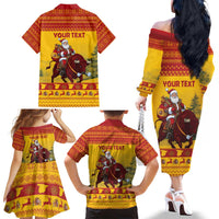 Personalized Spain Christmas Family Matching Off The Shoulder Long Sleeve Dress and Hawaiian Shirt Santa Riding Red Bull Feliz Navidad - Wonder Print Shop
