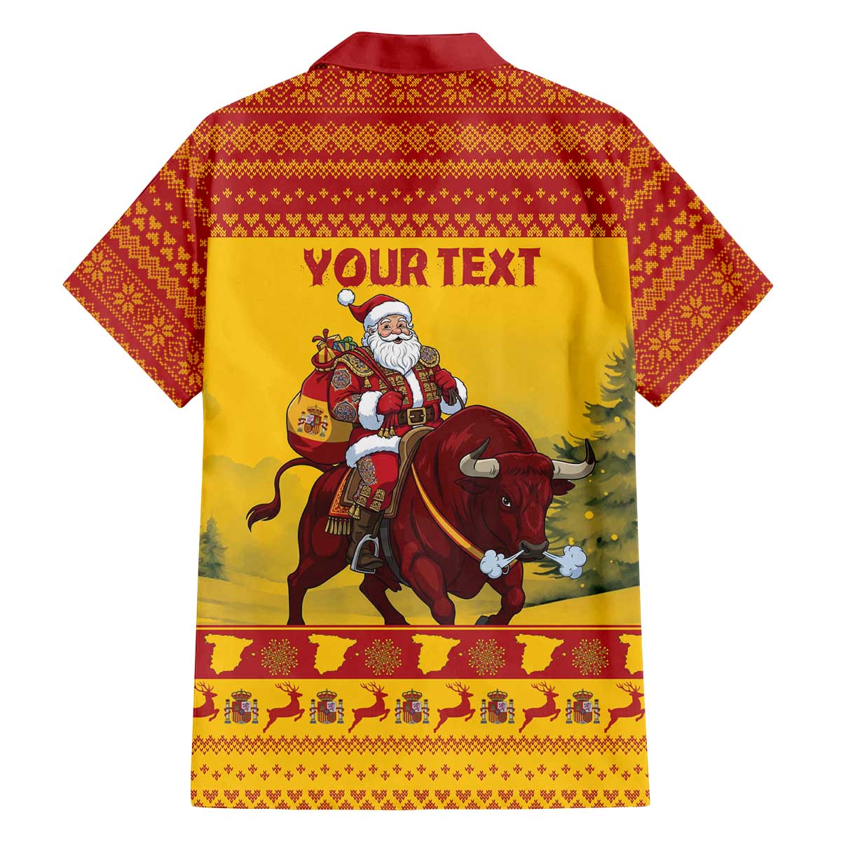 Personalized Spain Christmas Family Matching Off The Shoulder Long Sleeve Dress and Hawaiian Shirt Santa Riding Red Bull Feliz Navidad - Wonder Print Shop