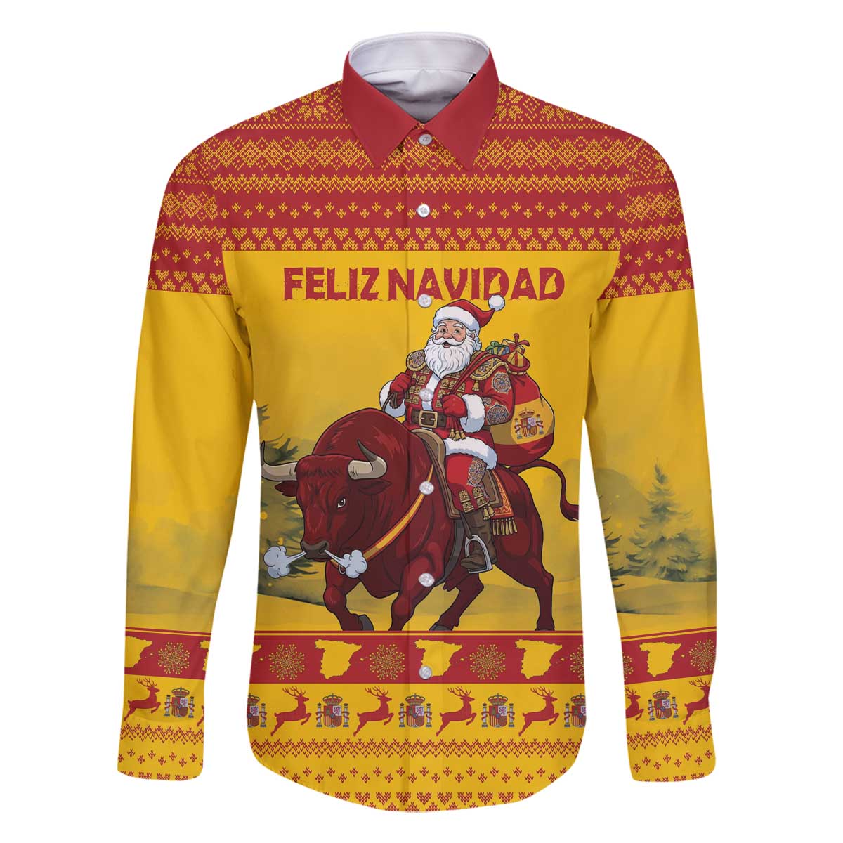 Personalized Spain Christmas Family Matching Off The Shoulder Long Sleeve Dress and Hawaiian Shirt Santa Riding Red Bull Feliz Navidad - Wonder Print Shop