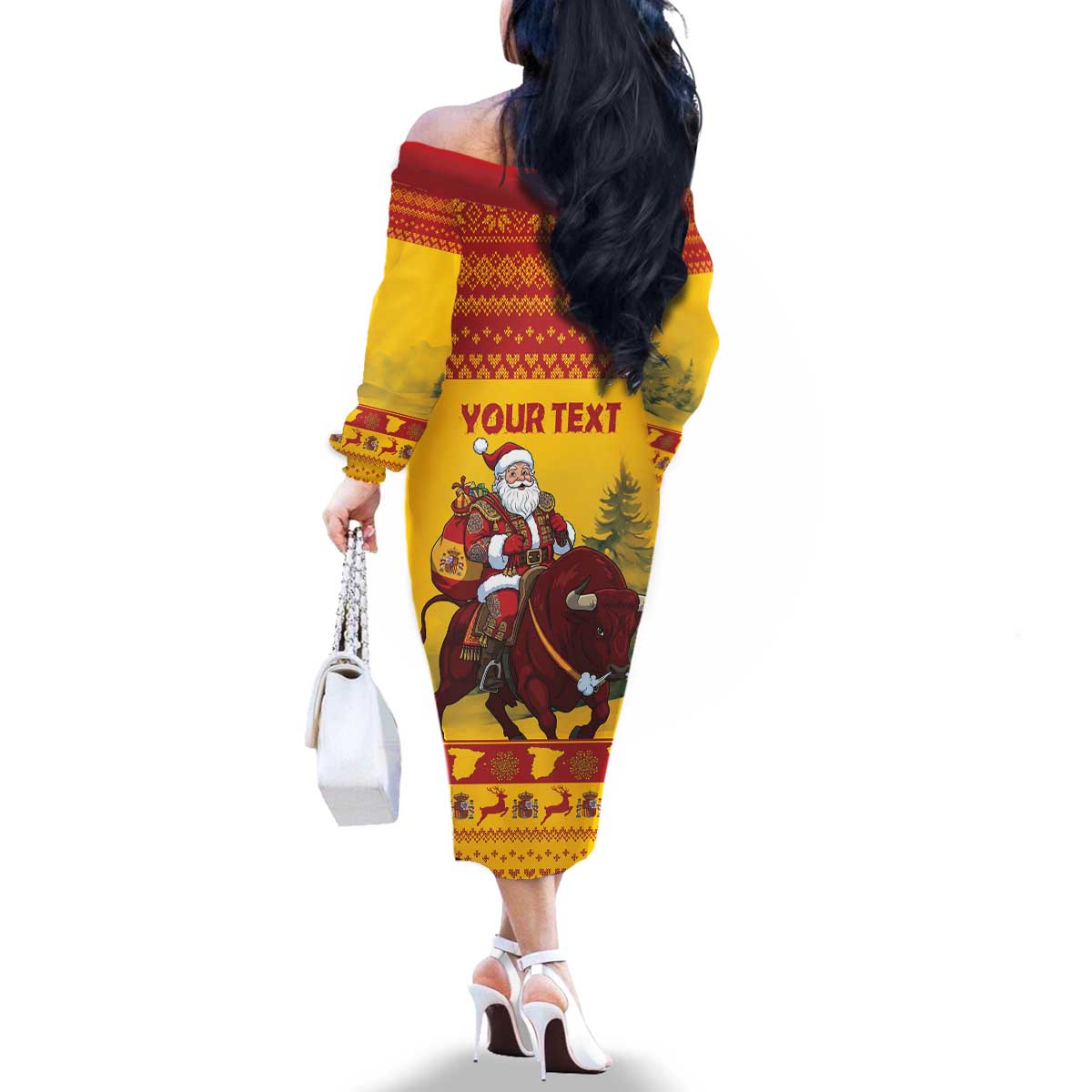 Personalized Spain Christmas Family Matching Off The Shoulder Long Sleeve Dress and Hawaiian Shirt Santa Riding Red Bull Feliz Navidad - Wonder Print Shop