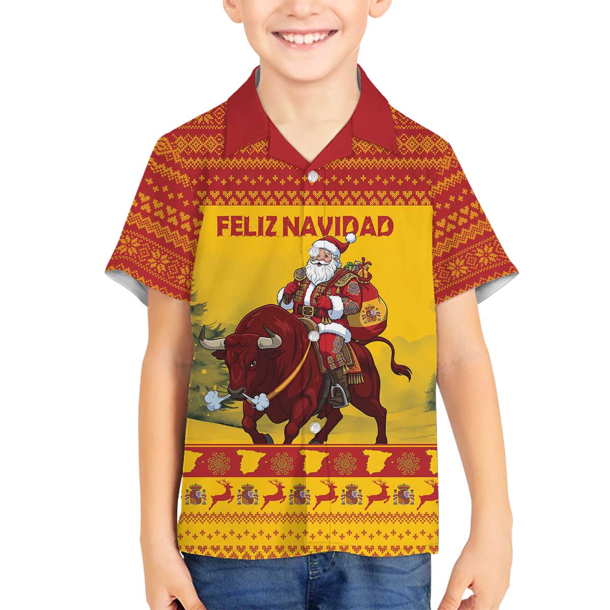 Personalized Spain Christmas Family Matching Off The Shoulder Long Sleeve Dress and Hawaiian Shirt Santa Riding Red Bull Feliz Navidad - Wonder Print Shop