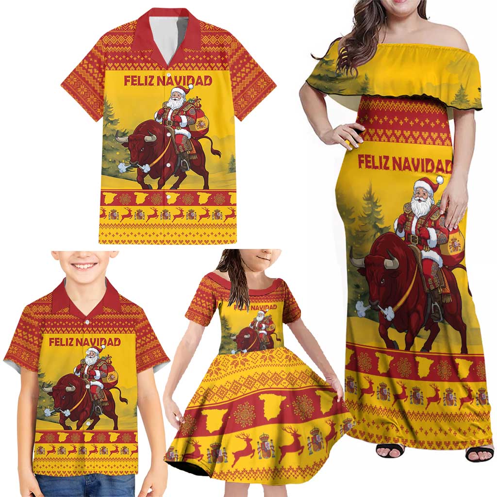 Personalized Spain Christmas Family Matching Off Shoulder Maxi Dress and Hawaiian Shirt Santa Riding Red Bull Feliz Navidad - Wonder Print Shop