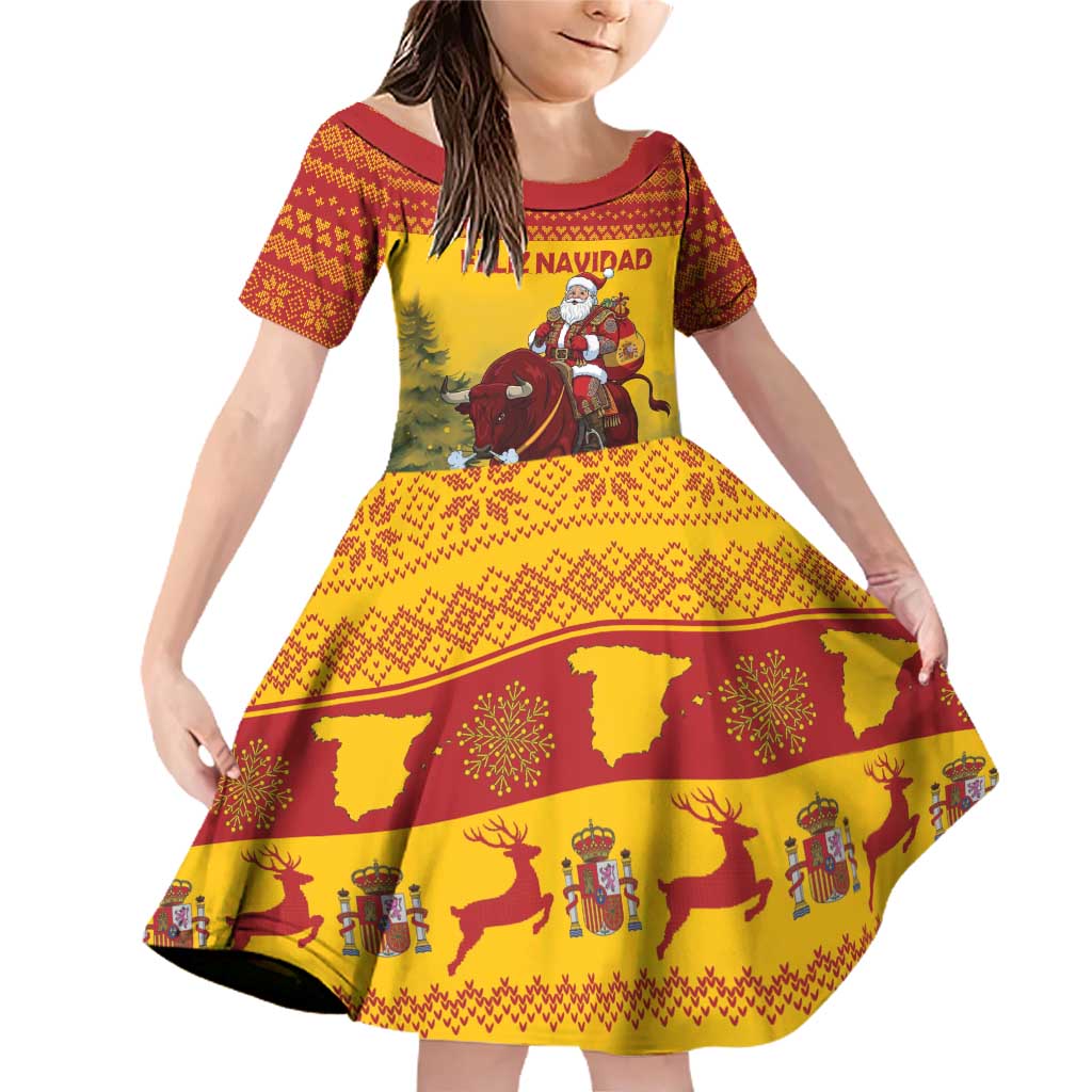 Personalized Spain Christmas Family Matching Off Shoulder Short Dress and Hawaiian Shirt Santa Riding Red Bull Feliz Navidad - Wonder Print Shop