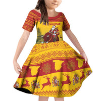 Personalized Spain Christmas Family Matching Off Shoulder Short Dress and Hawaiian Shirt Santa Riding Red Bull Feliz Navidad - Wonder Print Shop