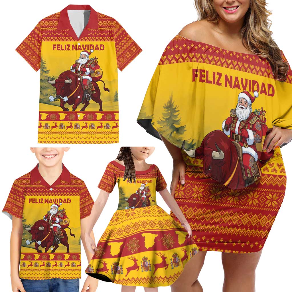 Personalized Spain Christmas Family Matching Off Shoulder Short Dress and Hawaiian Shirt Santa Riding Red Bull Feliz Navidad - Wonder Print Shop