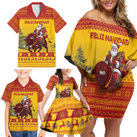 Personalized Spain Christmas Family Matching Off Shoulder Short Dress and Hawaiian Shirt Santa Riding Red Bull Feliz Navidad - Wonder Print Shop