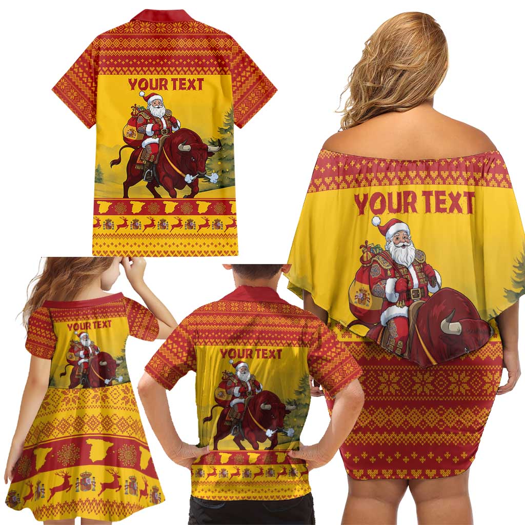 Personalized Spain Christmas Family Matching Off Shoulder Short Dress and Hawaiian Shirt Santa Riding Red Bull Feliz Navidad - Wonder Print Shop