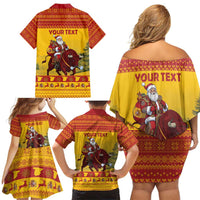 Personalized Spain Christmas Family Matching Off Shoulder Short Dress and Hawaiian Shirt Santa Riding Red Bull Feliz Navidad - Wonder Print Shop
