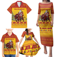 Personalized Spain Christmas Family Matching Puletasi and Hawaiian Shirt Santa Riding Red Bull Feliz Navidad - Wonder Print Shop