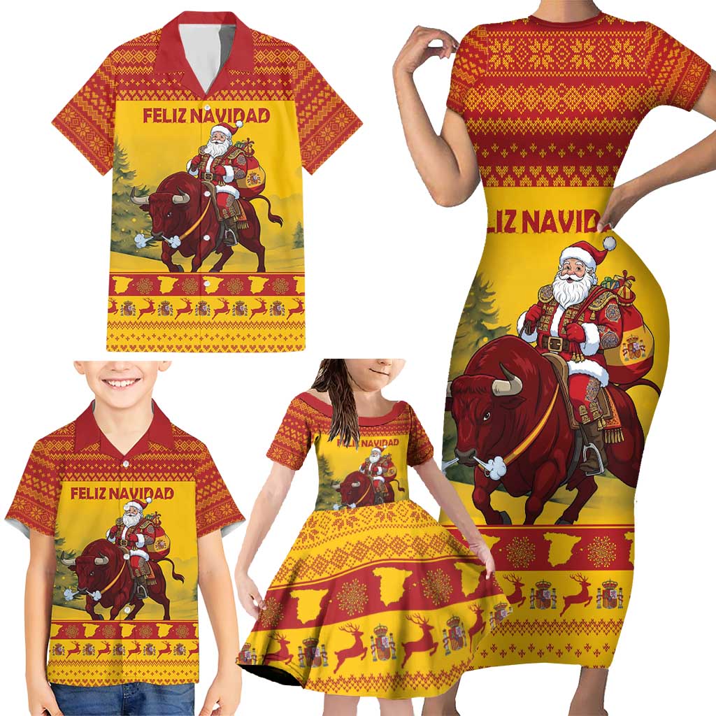 Personalized Spain Christmas Family Matching Short Sleeve Bodycon Dress and Hawaiian Shirt Santa Riding Red Bull Feliz Navidad - Wonder Print Shop
