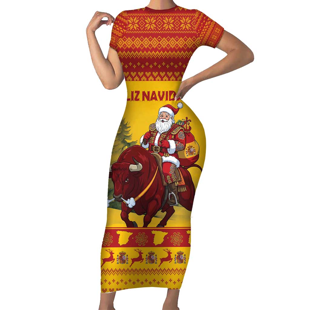 Personalized Spain Christmas Family Matching Short Sleeve Bodycon Dress and Hawaiian Shirt Santa Riding Red Bull Feliz Navidad - Wonder Print Shop