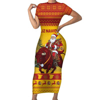 Personalized Spain Christmas Family Matching Short Sleeve Bodycon Dress and Hawaiian Shirt Santa Riding Red Bull Feliz Navidad - Wonder Print Shop