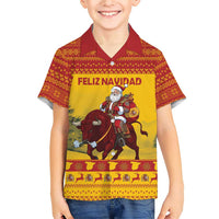 Personalized Spain Christmas Family Matching Short Sleeve Bodycon Dress and Hawaiian Shirt Santa Riding Red Bull Feliz Navidad - Wonder Print Shop