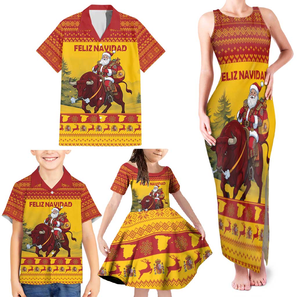 Personalized Spain Christmas Family Matching Tank Maxi Dress and Hawaiian Shirt Santa Riding Red Bull Feliz Navidad - Wonder Print Shop