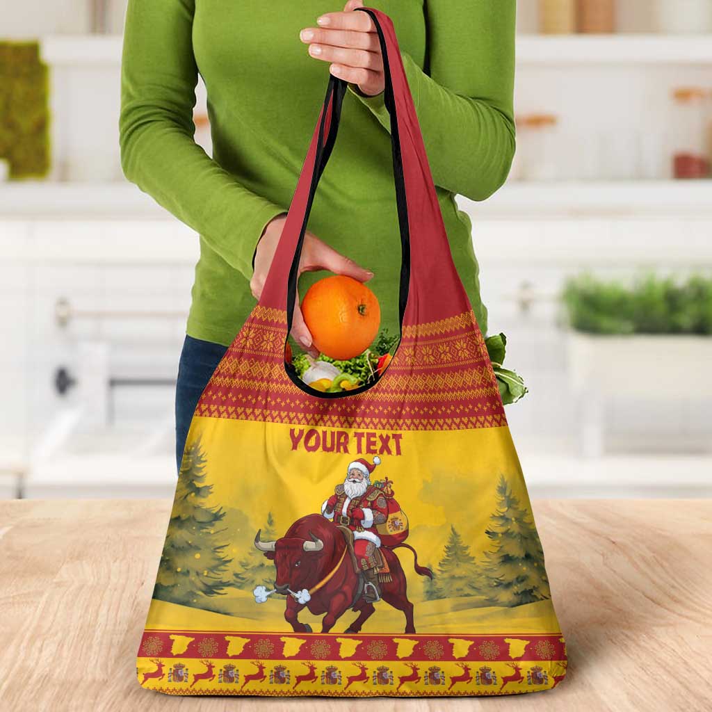 Personalized Spain Christmas Grocery Bag Santa Riding Red Bull Feliz Navidad - Wonder Print Shop
