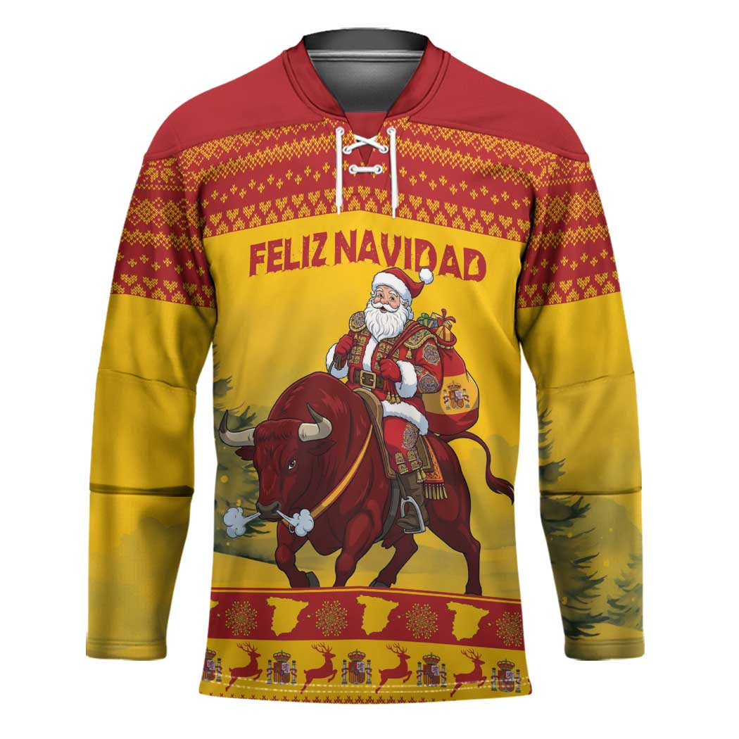 Personalized Spain Christmas Hockey Jersey Santa Riding Red Bull Feliz Navidad - Wonder Print Shop