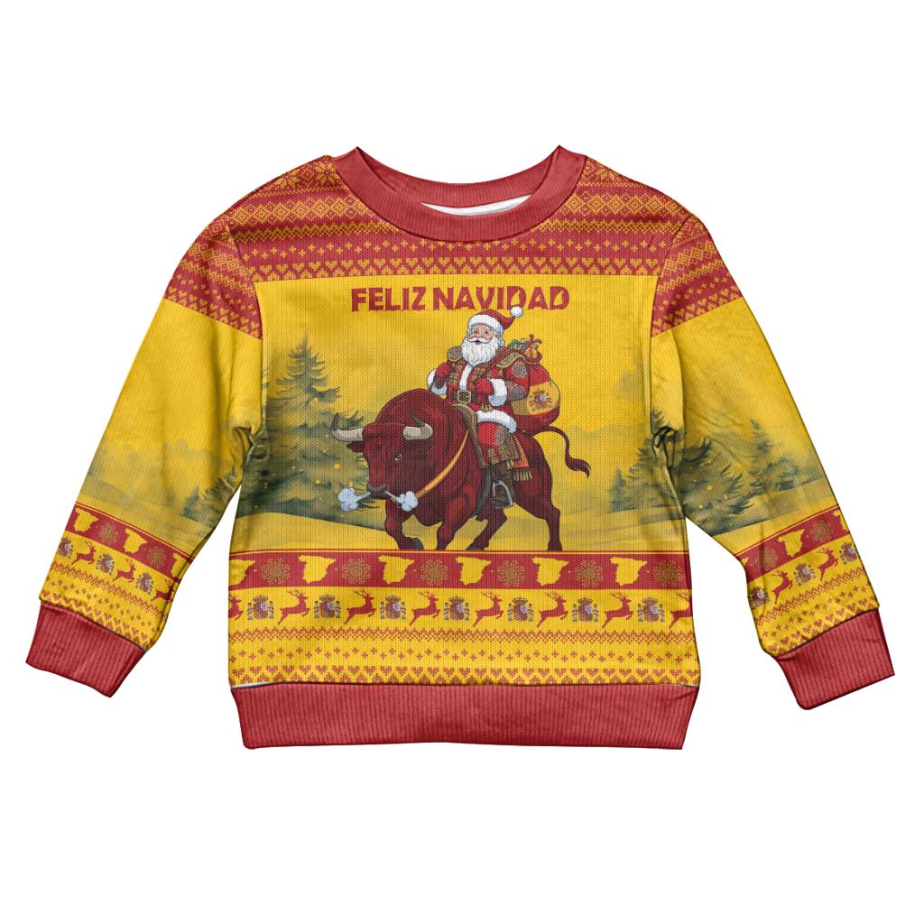 Personalized Spain Christmas Kid Ugly Christmas Sweater Santa Riding Red Bull Feliz Navidad - Wonder Print Shop