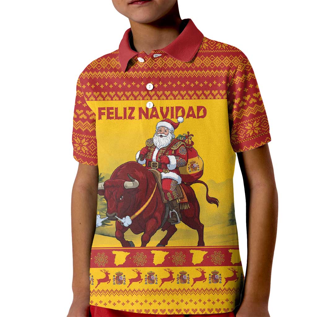 Personalized Spain Christmas Kid Polo Shirt Santa Riding Red Bull Feliz Navidad - Wonder Print Shop