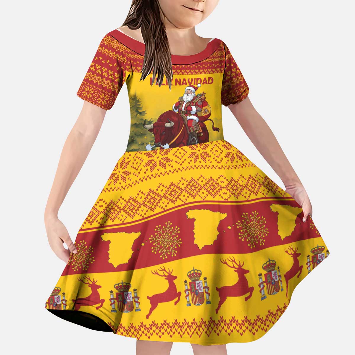 Personalized Spain Christmas Kid Short Sleeve Dress Santa Riding Red Bull Feliz Navidad - Wonder Print Shop
