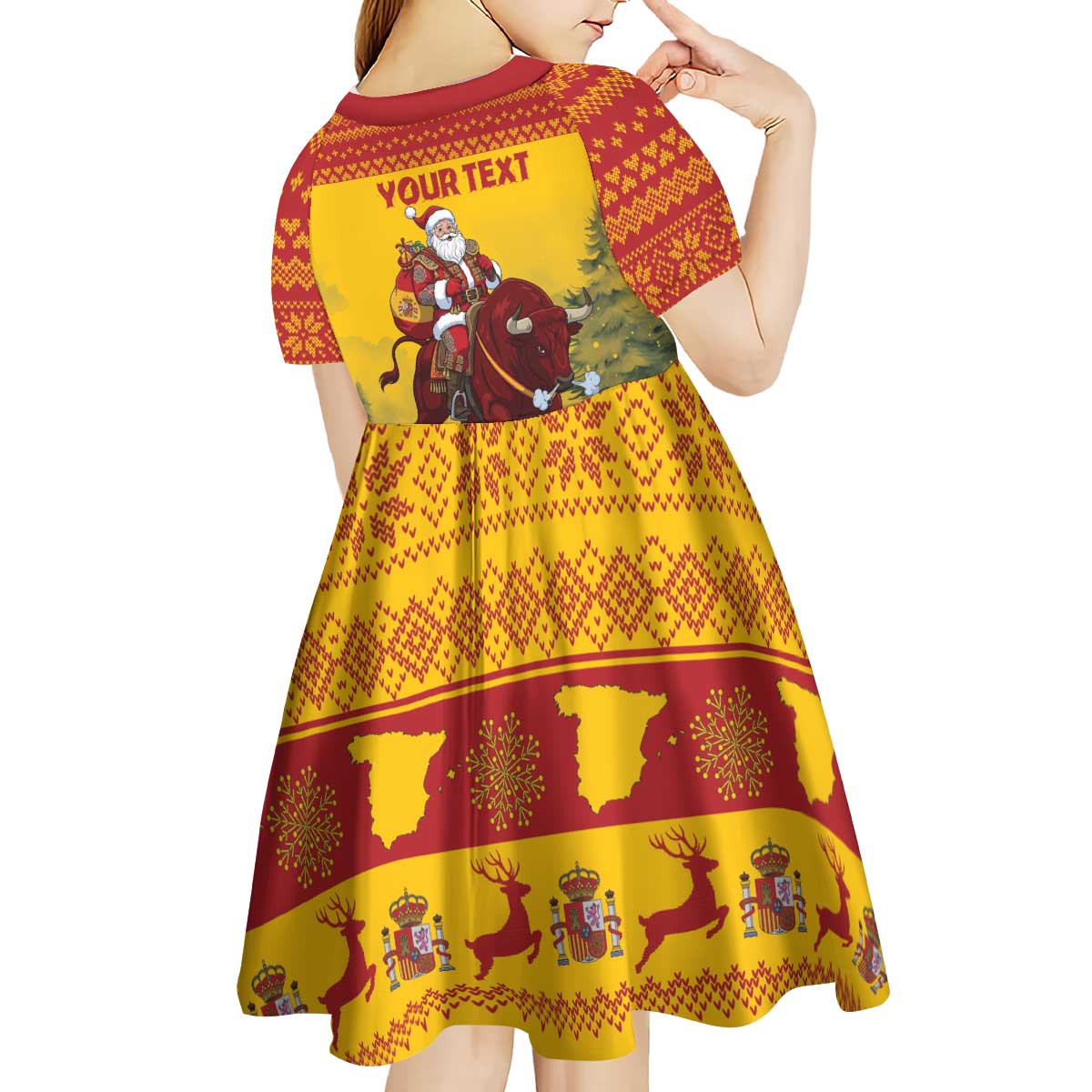 Personalized Spain Christmas Kid Short Sleeve Dress Santa Riding Red Bull Feliz Navidad - Wonder Print Shop
