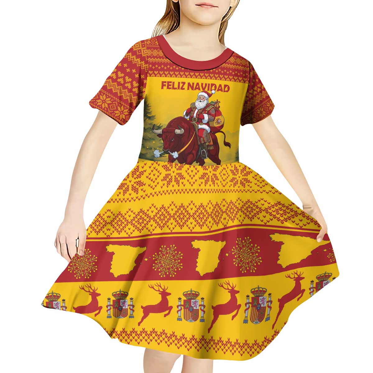 Personalized Spain Christmas Kid Short Sleeve Dress Santa Riding Red Bull Feliz Navidad - Wonder Print Shop