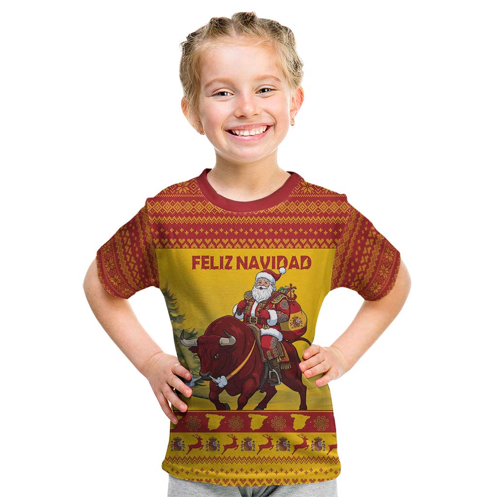 Personalized Spain Christmas Kid T Shirt Santa Riding Red Bull Feliz Navidad - Wonder Print Shop