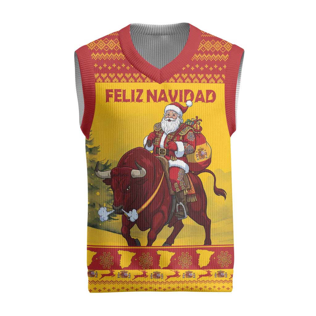 Personalized Spain Christmas Knitted V-Neck Vest Santa Riding Red Bull Feliz Navidad - Wonder Print Shop