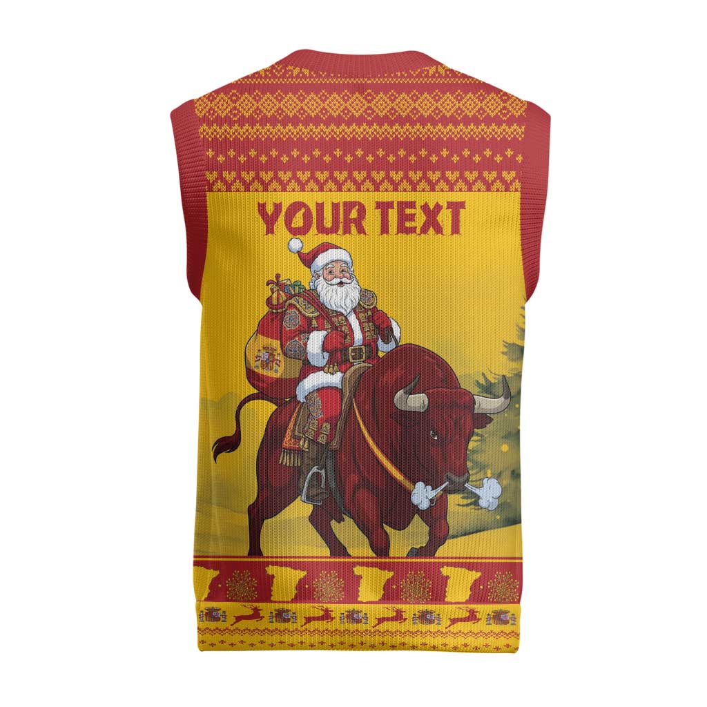 Personalized Spain Christmas Knitted V-Neck Vest Santa Riding Red Bull Feliz Navidad - Wonder Print Shop