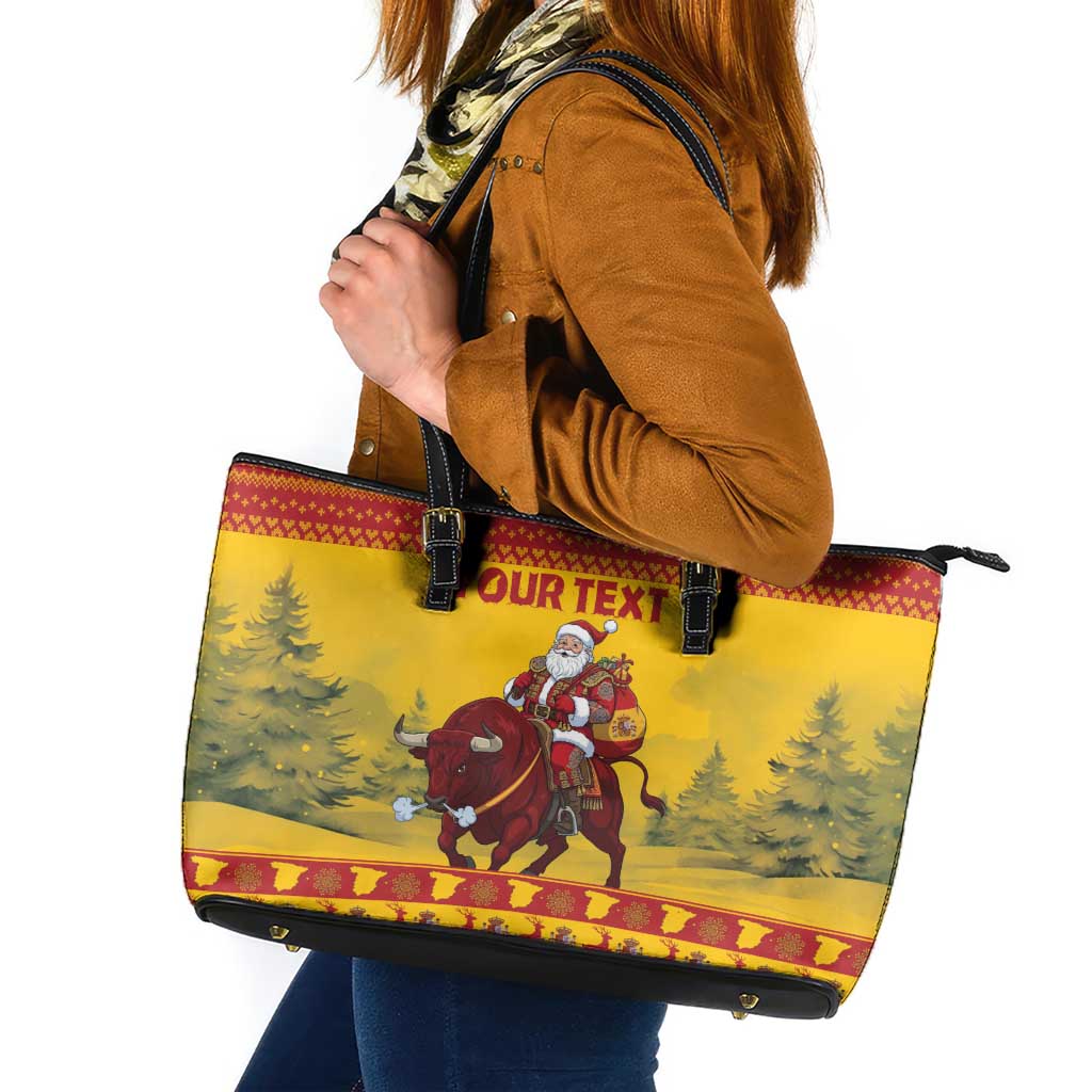 Personalized Spain Christmas Leather Tote Bag Santa Riding Red Bull Feliz Navidad - Wonder Print Shop