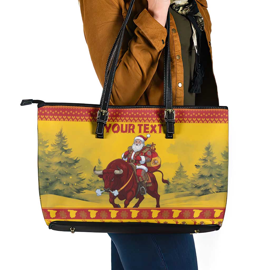 Personalized Spain Christmas Leather Tote Bag Santa Riding Red Bull Feliz Navidad - Wonder Print Shop