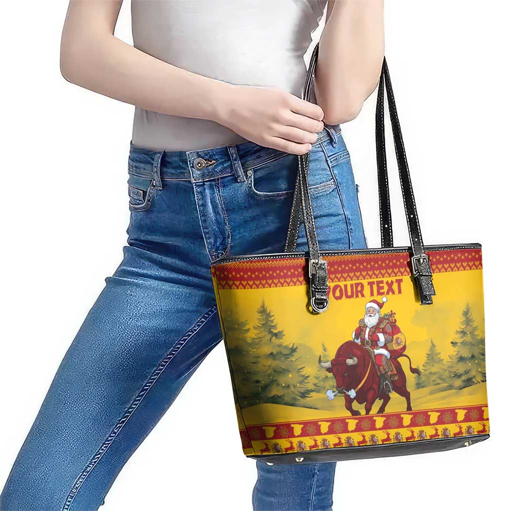 Personalized Spain Christmas Leather Tote Bag Santa Riding Red Bull Feliz Navidad - Wonder Print Shop