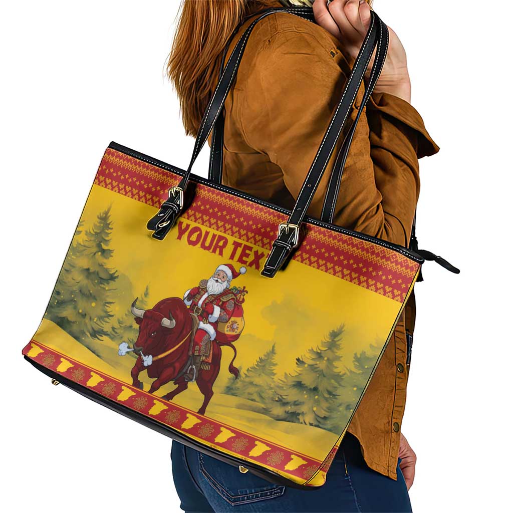 Personalized Spain Christmas Leather Tote Bag Santa Riding Red Bull Feliz Navidad - Wonder Print Shop