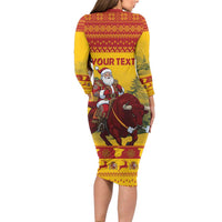 Personalized Spain Christmas Long Sleeve Bodycon Dress Santa Riding Red Bull Feliz Navidad - Wonder Print Shop