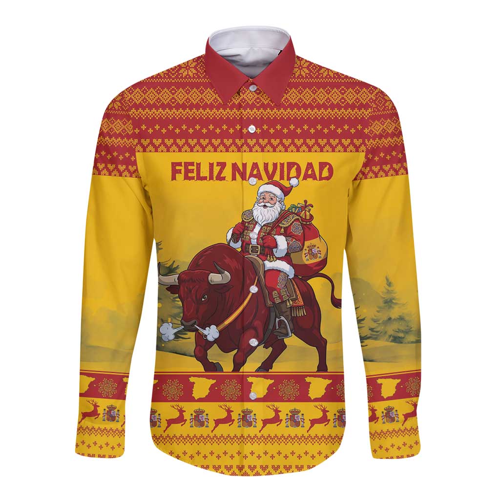 Personalized Spain Christmas Long Sleeve Button Shirt Santa Riding Red Bull Feliz Navidad - Wonder Print Shop