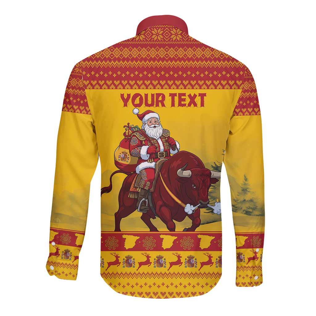 Personalized Spain Christmas Long Sleeve Button Shirt Santa Riding Red Bull Feliz Navidad - Wonder Print Shop
