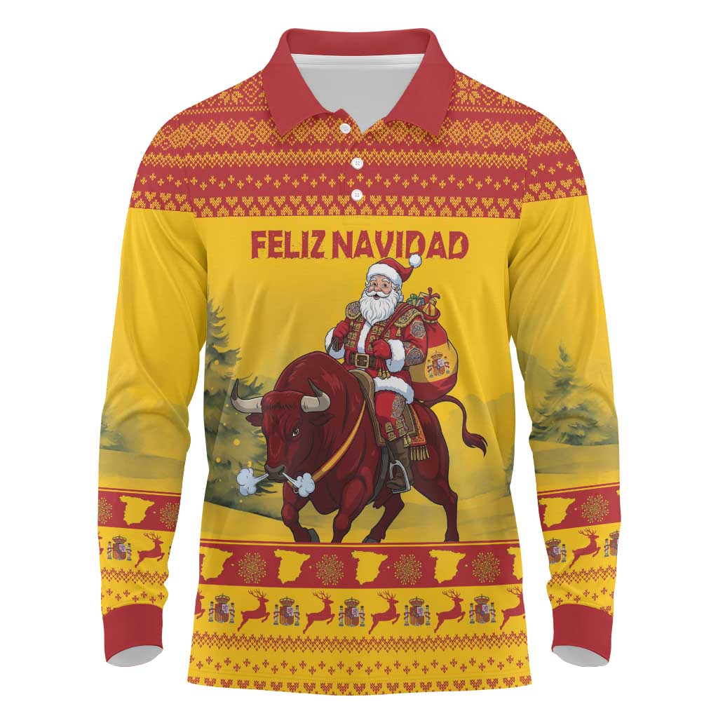 Personalized Spain Christmas Long Sleeve Polo Shirt Santa Riding Red Bull Feliz Navidad - Wonder Print Shop